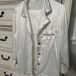 White Satin Pajama Top and pants set with Black Trim